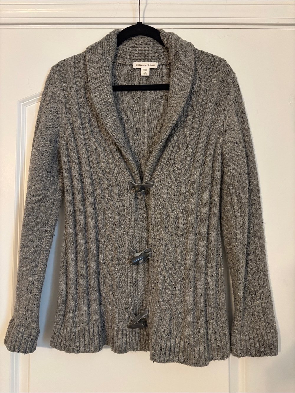 Coldwater Creek Gray Cable Shawl-Collar Cardigan with Toggle Closures